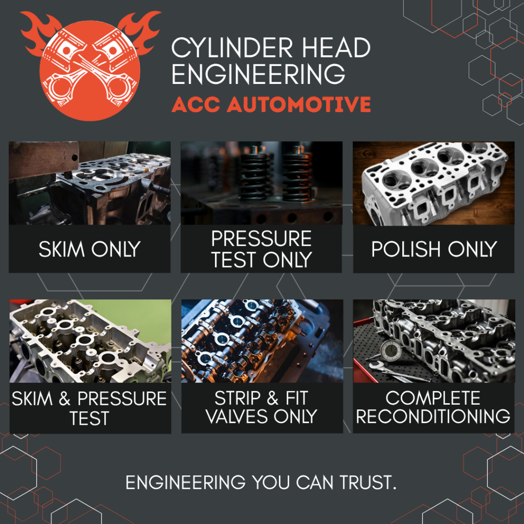 List of cylinder head engineering that ACC Automotive can provide depicted by a grid like view of all services. These services mention skim only, pressure test only, polish only, skim and pressure test, strip and fit valves only as well as a complete cylinder head recondiotion. At the bottom of this image it quotes "engineering you can trust".