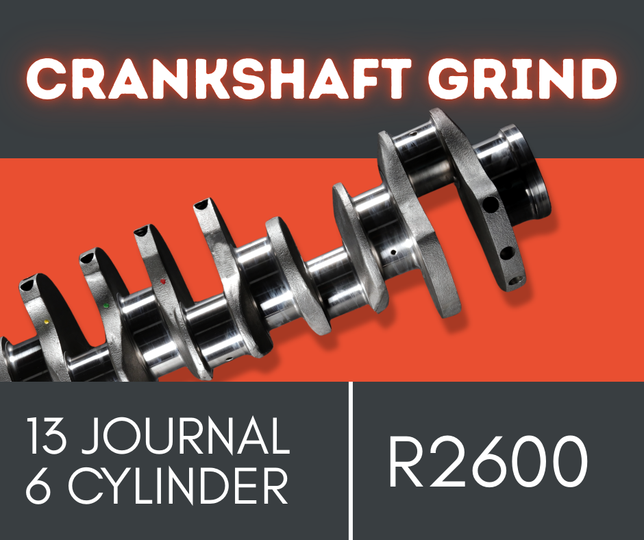 Image indicating that ACC Automotive offers a crankshaft grind engineering service for a 13 journal crank for a 6 cylinder engine block. This service is priced at R2600.