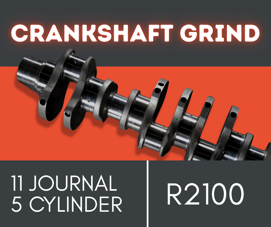 Image indicating that ACC Automotive offers a crankshaft grind engineering service for an 11 journal crank for a 5 cylinder engine block. This service is priced at R2100.